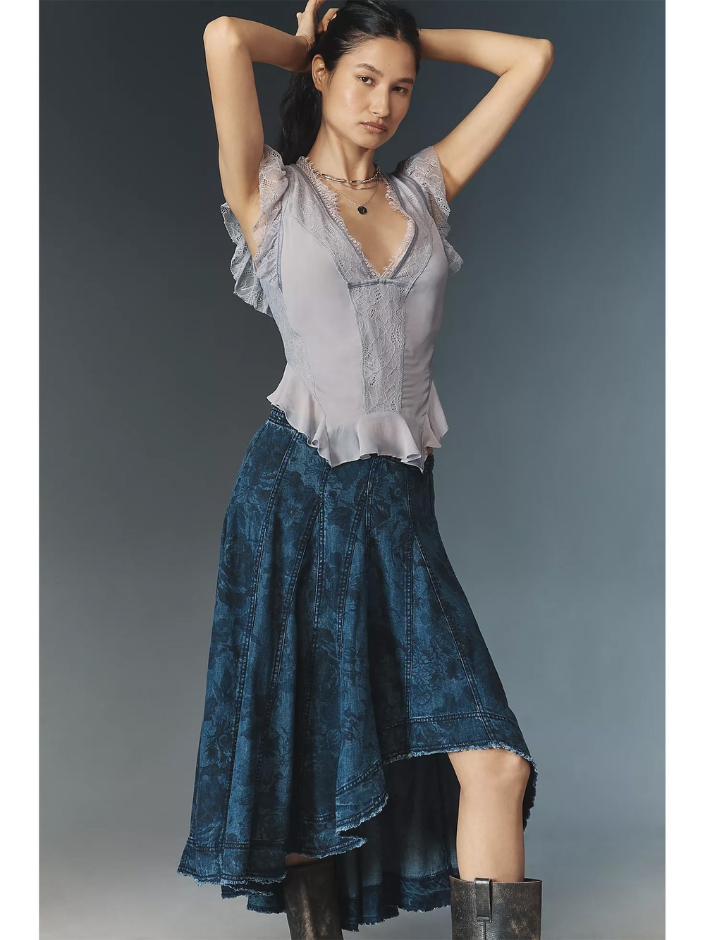 Anthropologie Pilcro Printed Denim Petticoat Midi Skirt